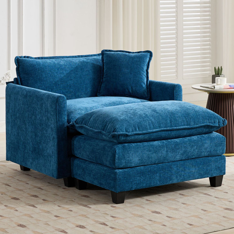Fauteuil d'appoint surdimensionné en chenille de nuage avec repose-pieds Schmucker, Bleu