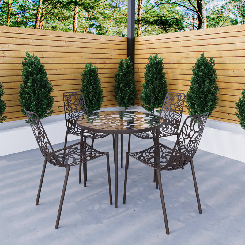 Houser 5-Piece Dining Set with Round Glass Dining Table and 4 Dining Side Chair in Aluminum, Brown