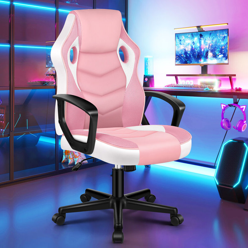 Inbox Zero Adjustable Faux Leather Swiveling PC & Racing Game Chair, Pink