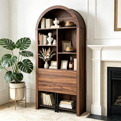 Tall Arched Bookcase,Folding Craft Desk,Convertible Hideaway Desk to Bookshelf,Vanity Desk, Foldable Desk with Storage, Disappearing Desk for Small Spaces,Wine Cabinet for Living Room, Home Office