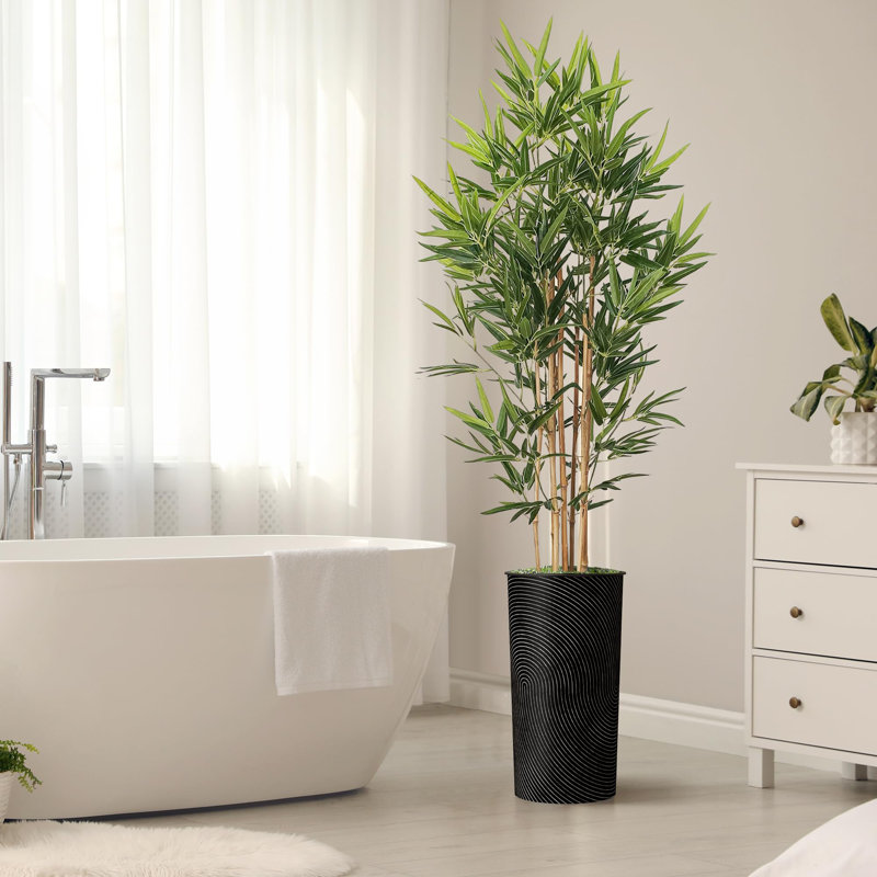 Artificial Tree in Blue and White Planter Fake Bamboo Silk Tree (Plant Pot Plus Tree), Fingerprint Black