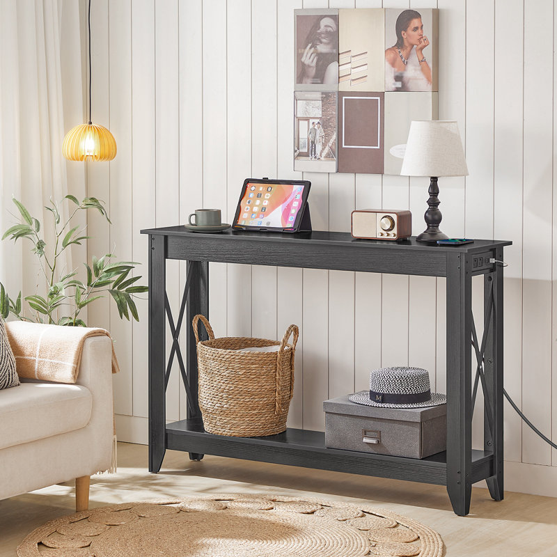 Samha 47.2'' Console Table with Charging Station, Black Top/Black Base