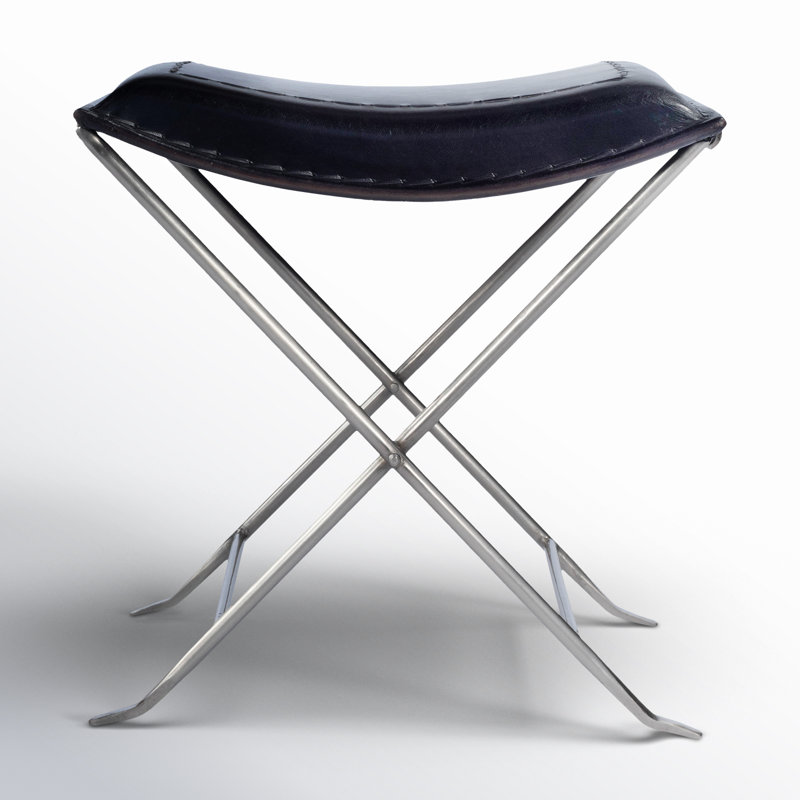 Sanford Iron Accent Stool, Black/Silver Genuine Leather