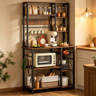 Free Standing 9-Tier Baker’s Rack Coffee Bar Station, Microwave Stand with Power Outlets, Wire Basket, 12 S-Hooks and Anti-Toppling Device, Kitchen Utility Storage Shelf