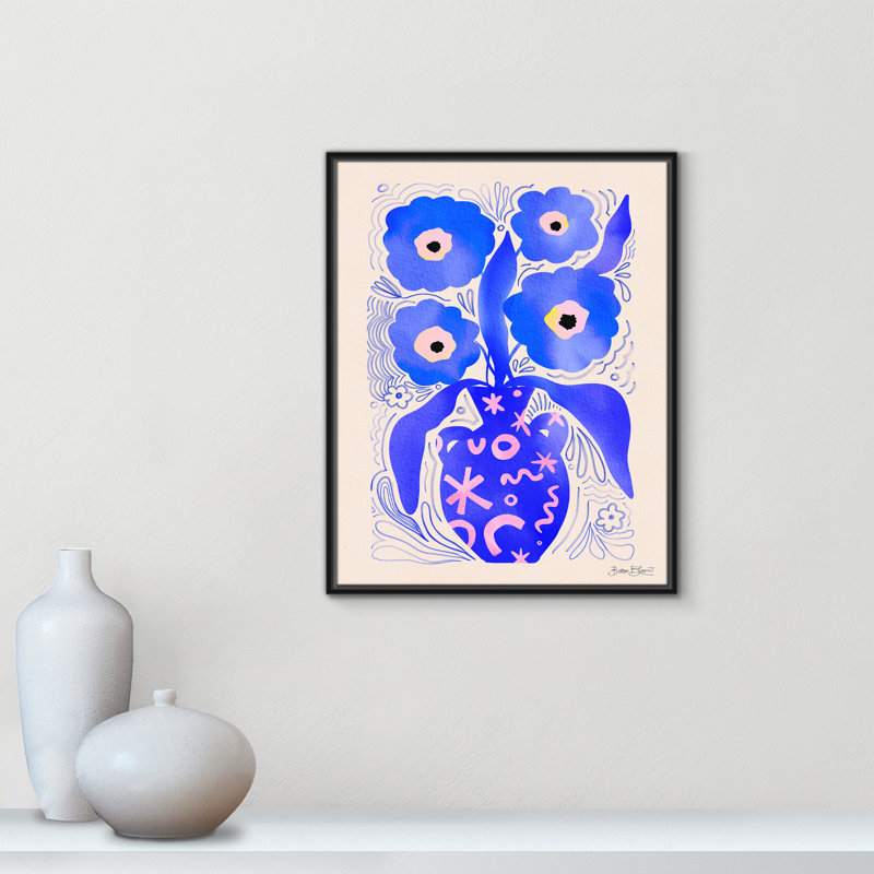 «Blue Flowers Matisse» par Bloom, L 23,5 po x H 29,5 po, Toile avec cadre, Cadre flottant noir