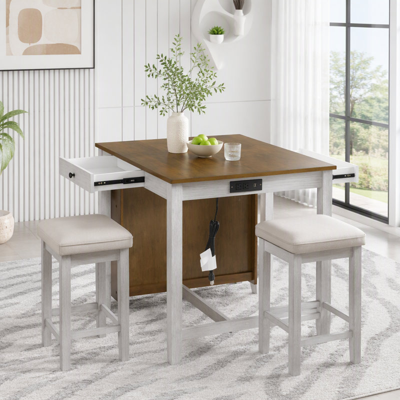 Ensemble de table de bar avec prise de courant, rangement et 2 tabourets