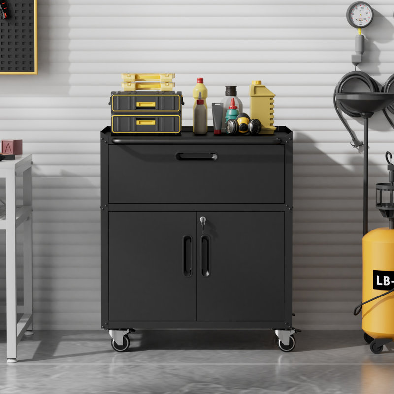 29.5" Wide Rolling Metal Garage Cabinet with Drawer and Adjustable Shelf, Locking Storage Cart for Workshop and Garage, Black