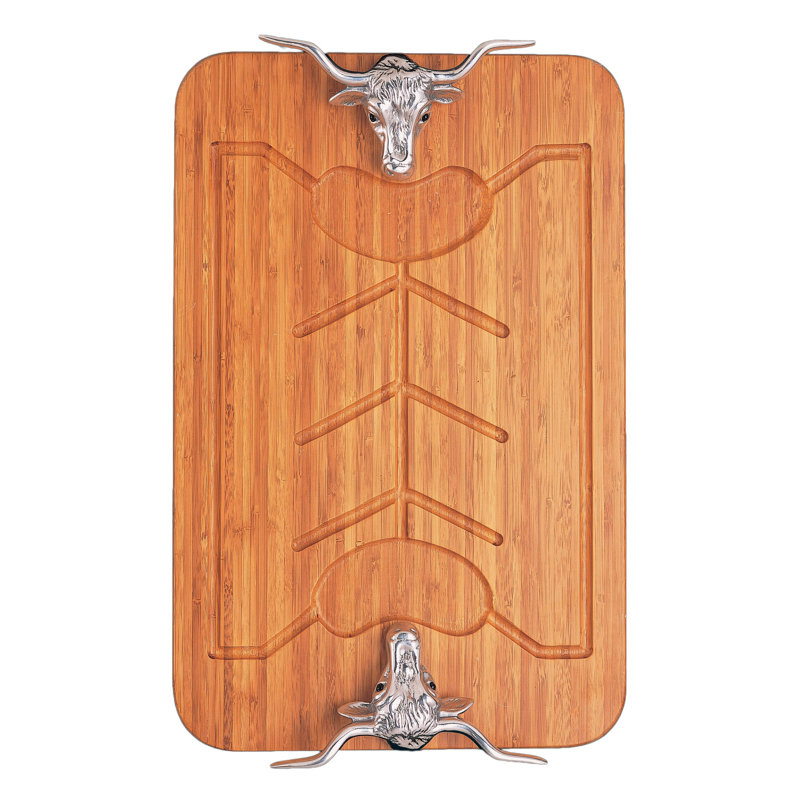 Arthur Court Western Bamboo Wood Carving Board with Aluminum Longhorn Handles