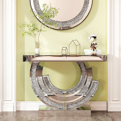 47.9" Mirrored Glass Console Table With 3C Shaped Crush Diamond