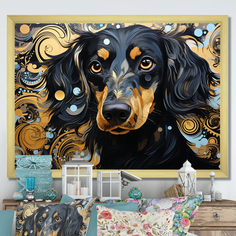 «Funny Daschund Portrait II», reproduction sur toile, Cadre doré à coins fermés, H 30 po x l 40 po x P 1,5 po