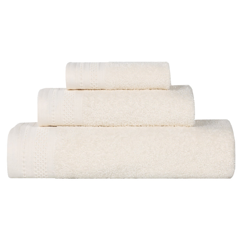Honeycomb Textured Waffle Border Cotton Medium Weight 3 Piece Towel Set, Ivory