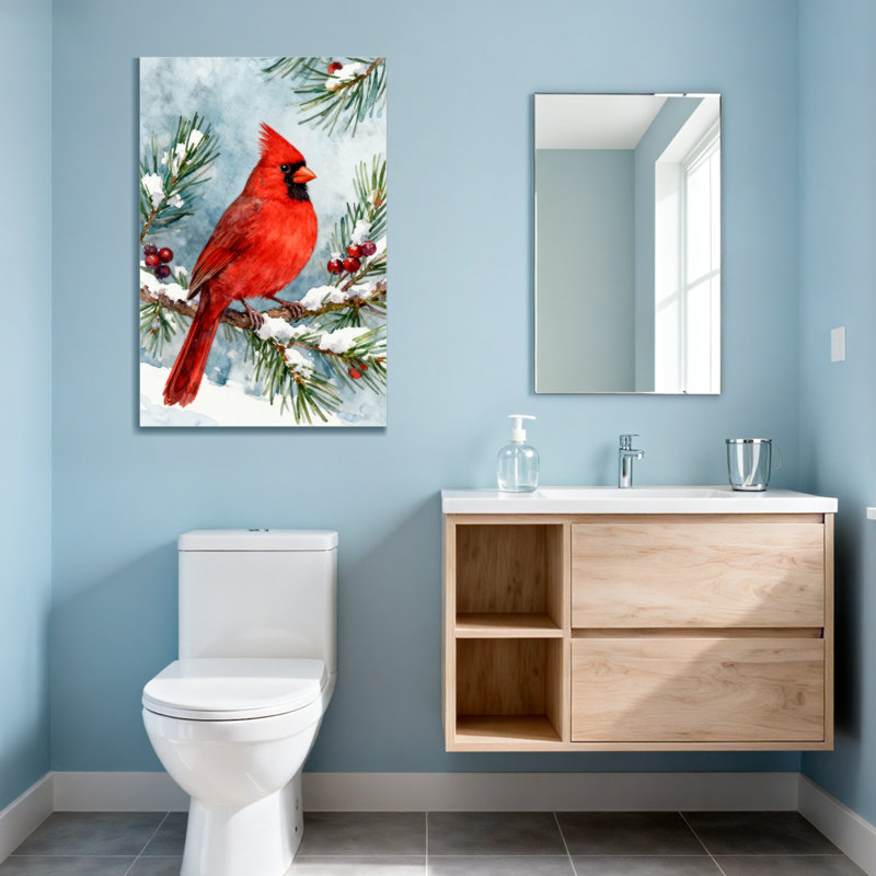 Cardinal de Noël rouge perché sur une branche enneigée avec des baies, H 24 po x l 16 po
