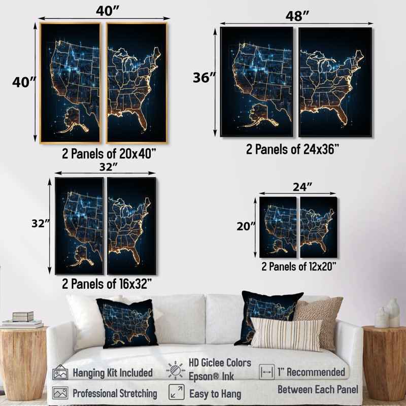 Carte des États-Unis, points lumineux - Carte des États-Unis, décoration murale, 36" H x 48" W, Impression encadrée flottante