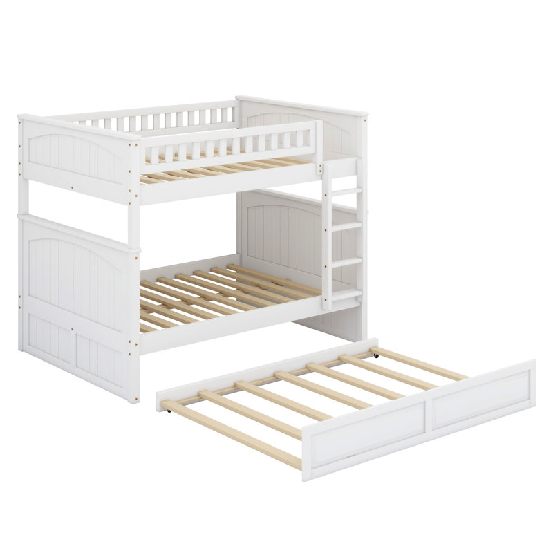 Wood Bunk Bed With Trundle, Guardrails, White