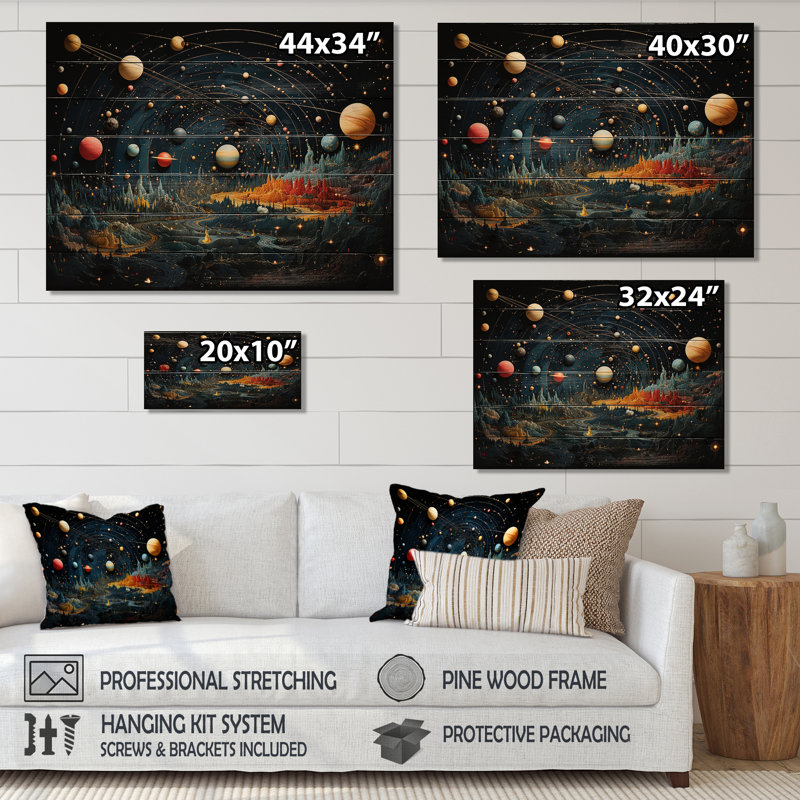 Gigue - Astronomie et espace, décor de bois sur bois de pin naturel, H 24 po x l 32 po