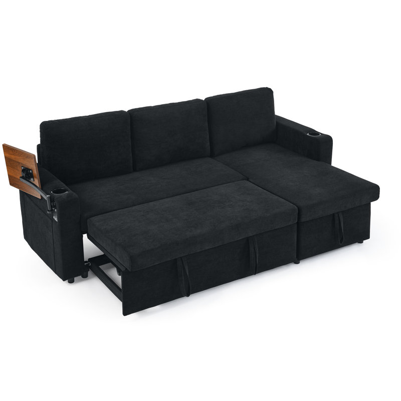Lit escamotable en chenille noire avec éclairage à DEL, hublots, porte-gobelets et table de travail rétractable à billes, avec rangement pour les amateurs de bijoux