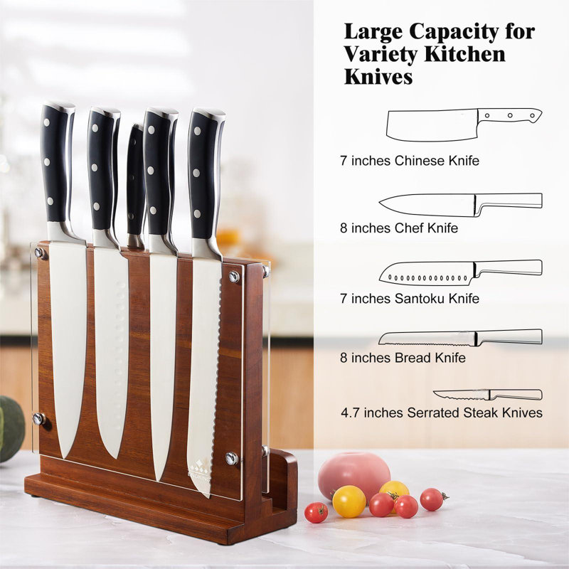 Magnetic Knife Block With Acrylic Shield, Double Side Kitchen Knife Holder Without Knives- Acacia Wood Universal Knife Storage Organizer With Powerful Magnet For Kitchen Counter