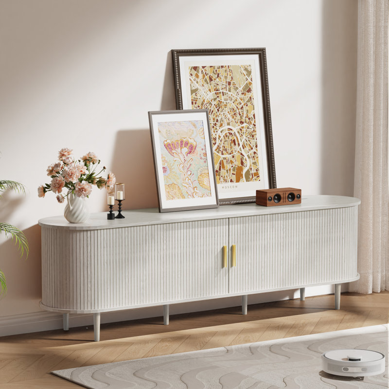 70.86" Fluted TV Stand With Power Outlet and Adjustable Shelves, Mid Century Modern TV Console, Sliding Doors Entertainment Center and Media Console for TVs 40" - 65"