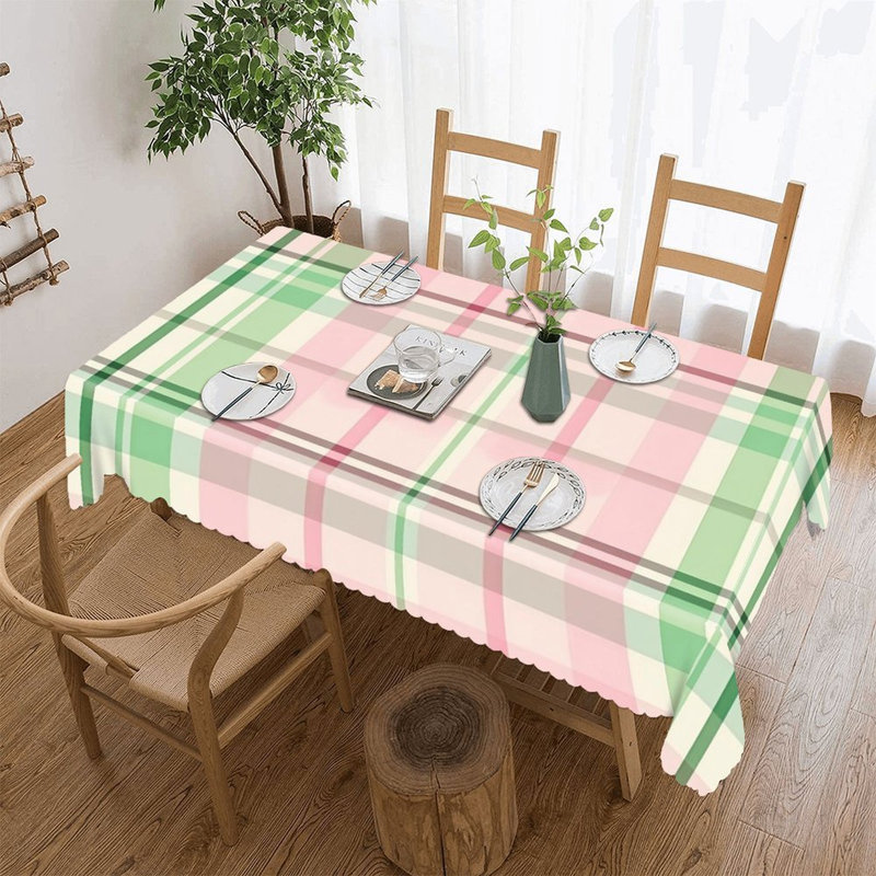 60 x 120 inch Soft Pink Green Plaid Tablecloth Scalloped for Rectangular Table Kitchen Dining