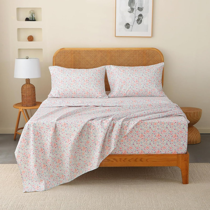 Ensemble de draps 4 pièces HYPREST Floral, Ensemble de draps pour très grand lit avec 2 taie, Rose/beige
