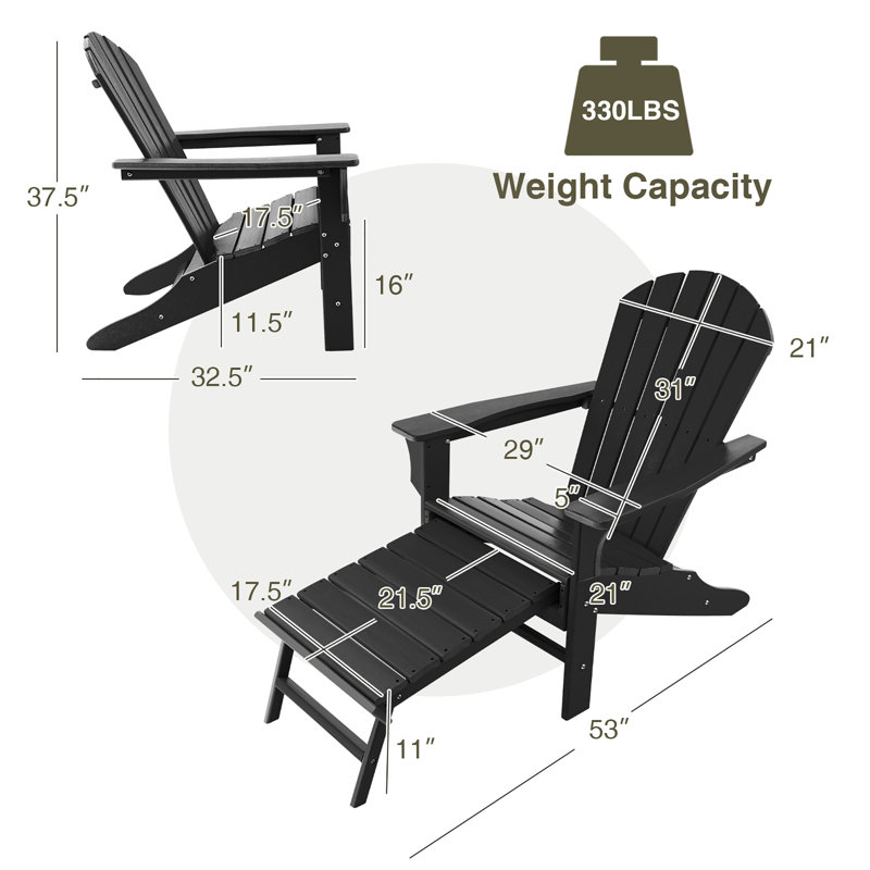 Calaway Outdoor Adirondack Chair With Ottoman,  Black