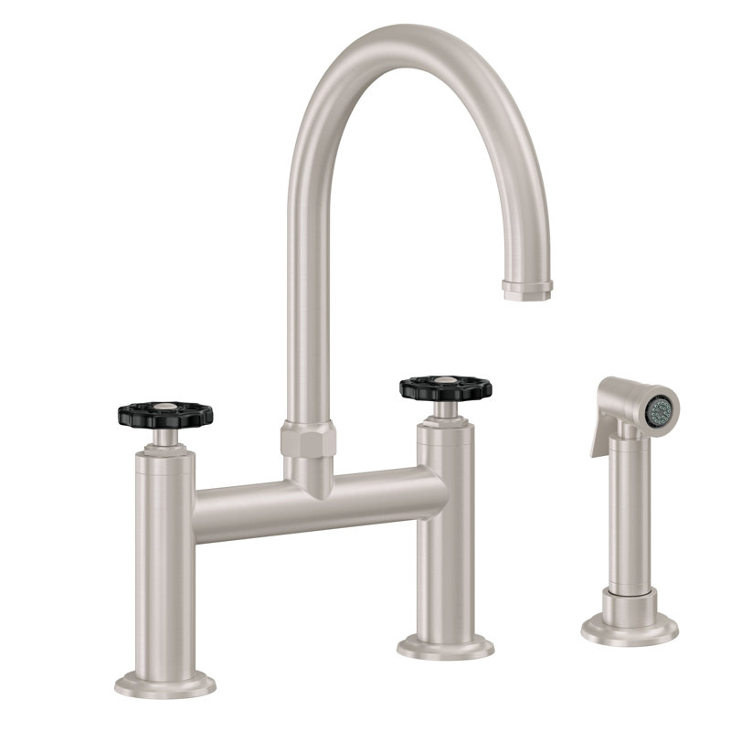 Bridge Kitchen Faucet - Arc Spout, Polished Nickel, With Side Spray, Black Wheel
