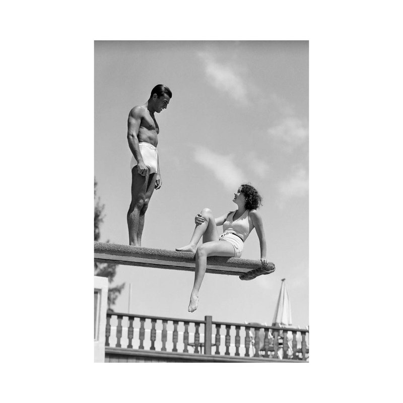 1930s Couple On Swimming Pool Diving Board Talking - Wrapped Canvas Print, 20.32 cm H x 30.48 cm W