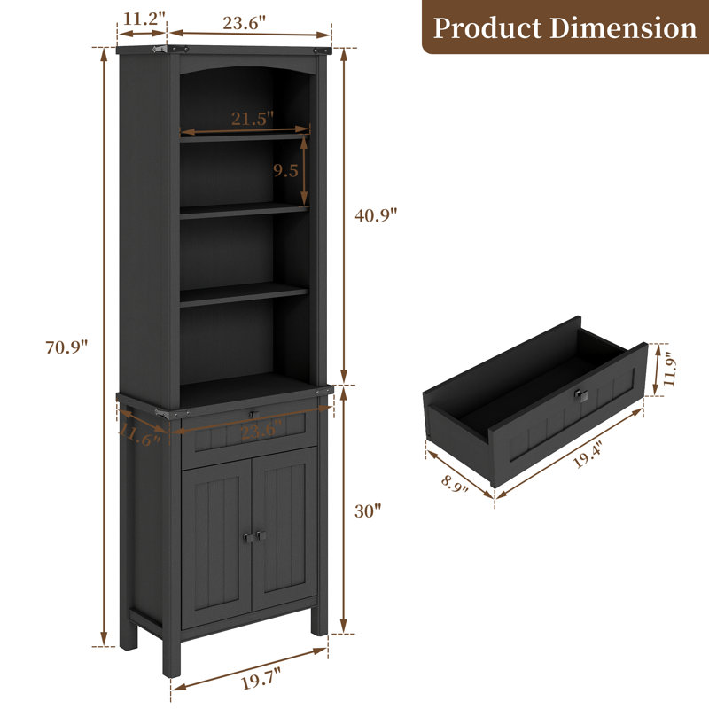71'' Tall Standard Bookcase With Drawer And Door (Set of 2), Black