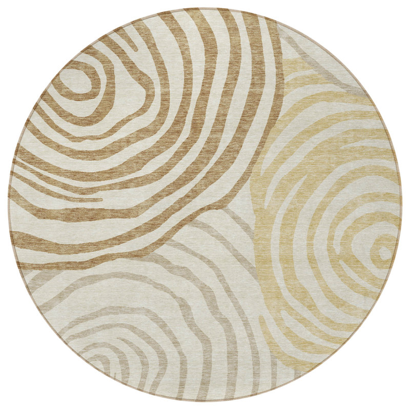 Tapis intérieur rond lavable abstrait ivoire et beige doré 8 pi