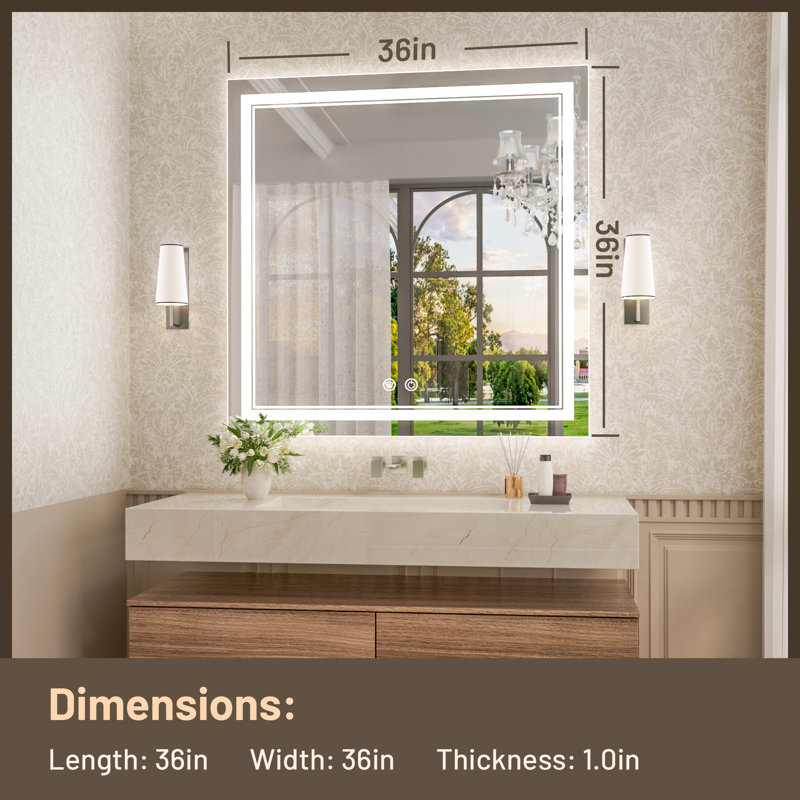Johnn LED Lighted Bathroom Vanity Mirror 3 Color Dimmable Light & Anti-fog Wall Mirror, 36" x 36"