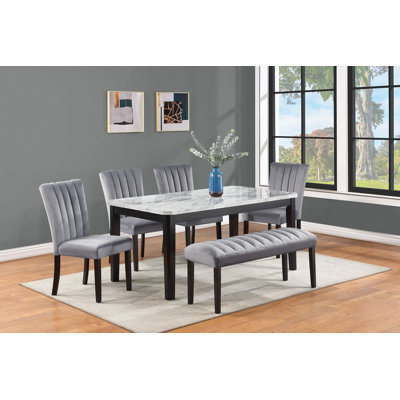6-Piece Contemporary Dining Set Rectangular Faux Marble Table Top Black Finish Upholstered Chairs Bench Channel Tufting Wooden Solid Wood Dining Room