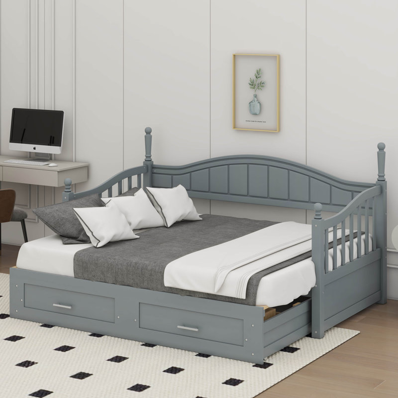 Rosamond Wooden Twin Size Daybed with Twin Size Trundle, Extendable Daybed with Two Drawers, Grey