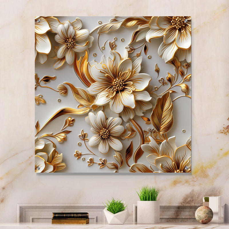 Or blanc et fleurs bleues élégantes - Art mural acrylique floral, H 36 po x l 36 po