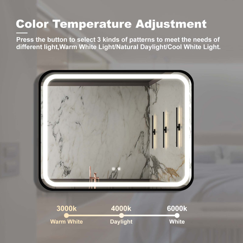 Miroir de salle de bain pour salle de bain avec lumière élevée, cadre noir, intensité variable, contrôle de l'interrupteur mural, antibuée, IRC 95 réglable 3000K-4500K-6000K, IP54 imperméable à l'eau
