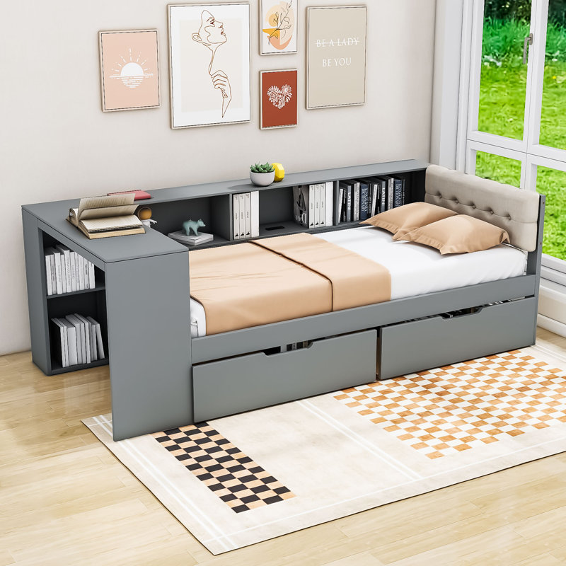Lit de jour à deux tiroirs en bois avec tablettes de rangement et station de charge, Simple, Gris