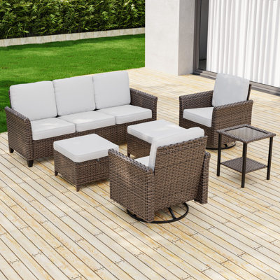Ensemble de conversation 6 pièces pour patio avec accoudoirs courbés et pivotants, canapé 3 places, repose-pieds, table