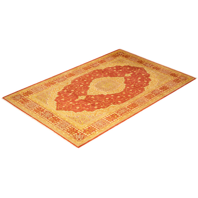 Tapis unique noué à la main orange de 4 pi 8 po x 7 pi 1 po Srivar