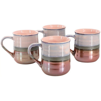 18 Ounce Stoneware Cup Set, Reactive Glaze Drinkware With Copper Finish, Microwave & Dishwasher Safe Beverage Cups