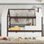 Lit plateforme simple avec tiroirs, lit maison en bois massif avec tablettes, conception enfantine, blanc et espresso