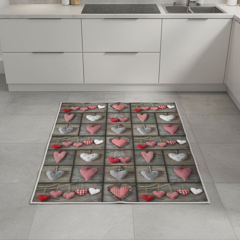 Tapis en polyester tissé à la machine en gris / rose / blanc, Tapis de couloir 3 pi 3 po x 6 pi 7 po