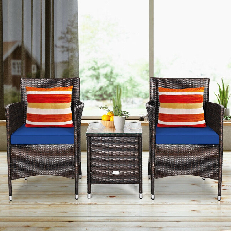 Ensemble de conversation en rotin pour patio avec coussins de 3 pièces Ailith, Bleu marine