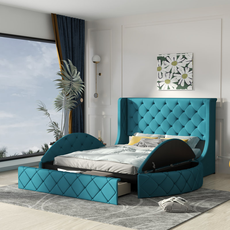 Upholstered Platform Bed Queen Size Storage Velvet Bed With Wingback Headboard, Blue