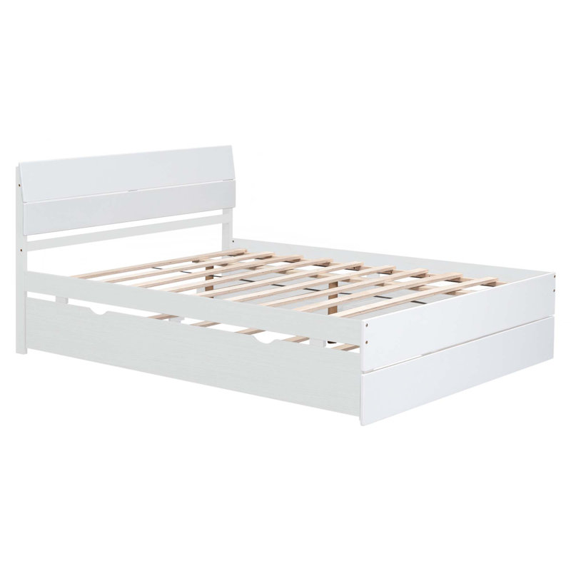 Structure de lit double moderne avec lit gigogne simple et 2 tiroirs, Blanc