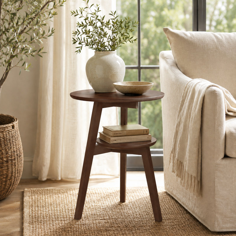 Mid-Century Solid Rubber Wood End Table With 2-Tier Storage Shelf, Walnut