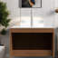 Meuble-lavabo moderne flottant avec lavabo en verre, style grain de bois chêne