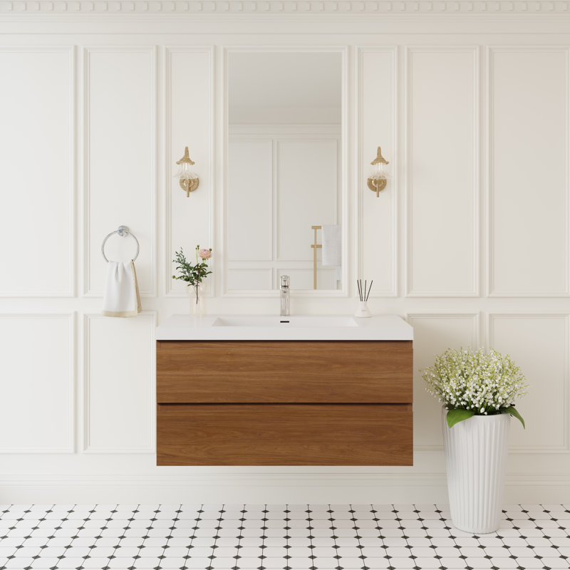 Meuble-lavabo flottant moderne avec lavabo à surface solide et armoire de rangement à fermeture en douceur Meven, Noyer