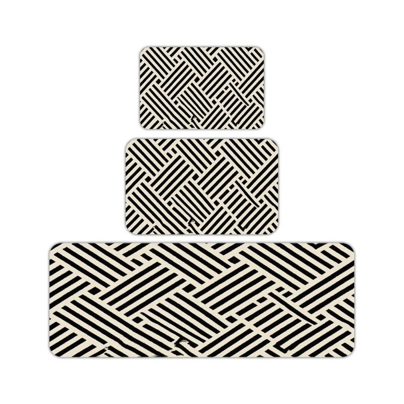 Tapis de cuisine 3 pièces à rayures géométriques noir et blanc, espace de travail de cuisine moderne