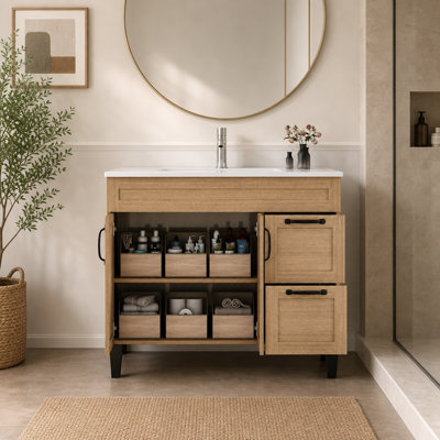 Meuble-lavabo de 92 cm (36,14 po) avec lavabo intégré, armoire à 2 portes et 2 grands tiroirs, poignée en métal noir, pattes noires, fini naturel