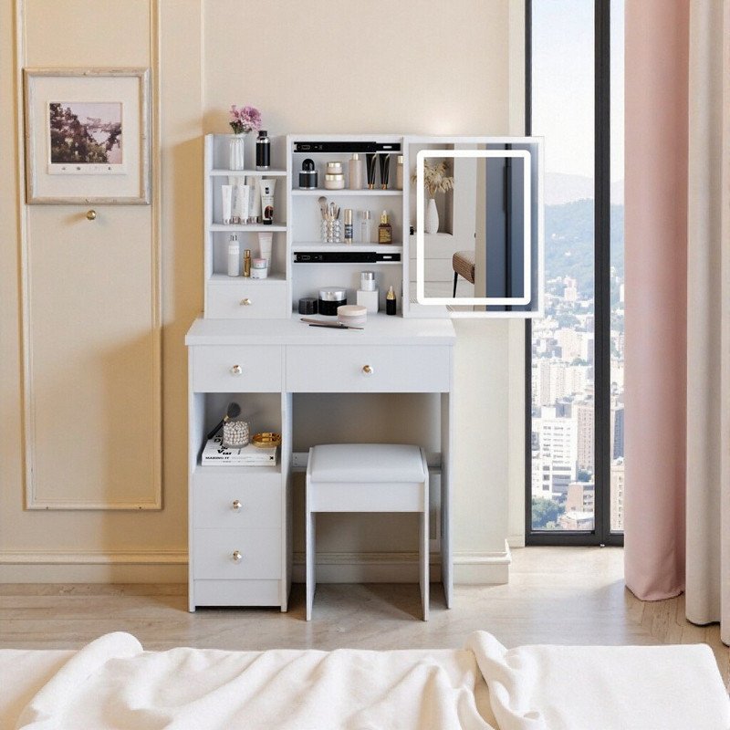 29 Inch Compact Vanity Desk with LED Mirror, Space-Saving Dressing Table & Stool Set, White