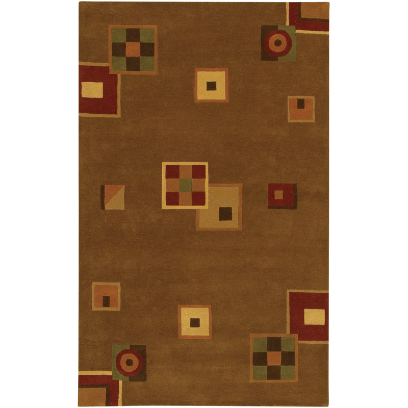 Tapis en laine à motif abstrait moderne touffeté à la main brun, rouge et vert olive Frias Authentic
